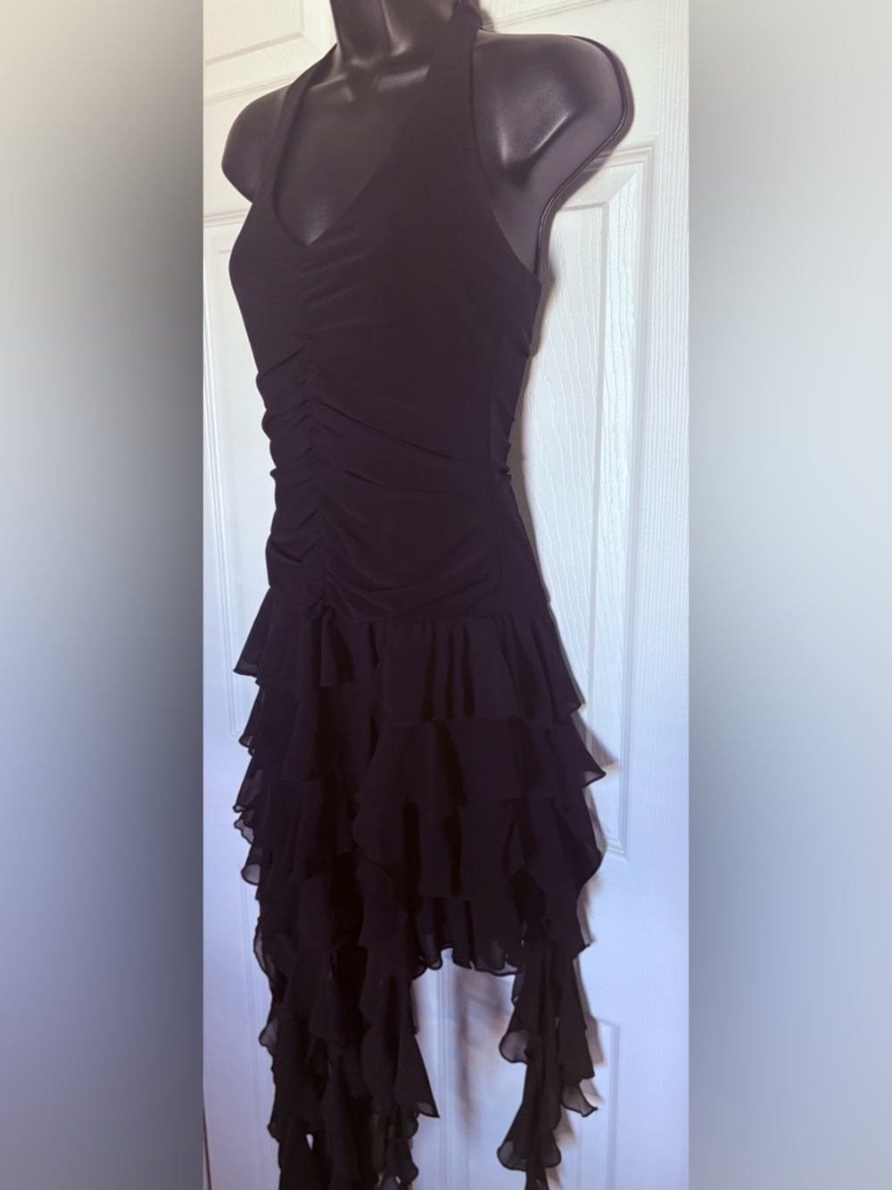 Betsy & Adam Black Ruffled High-Low Halter Dress